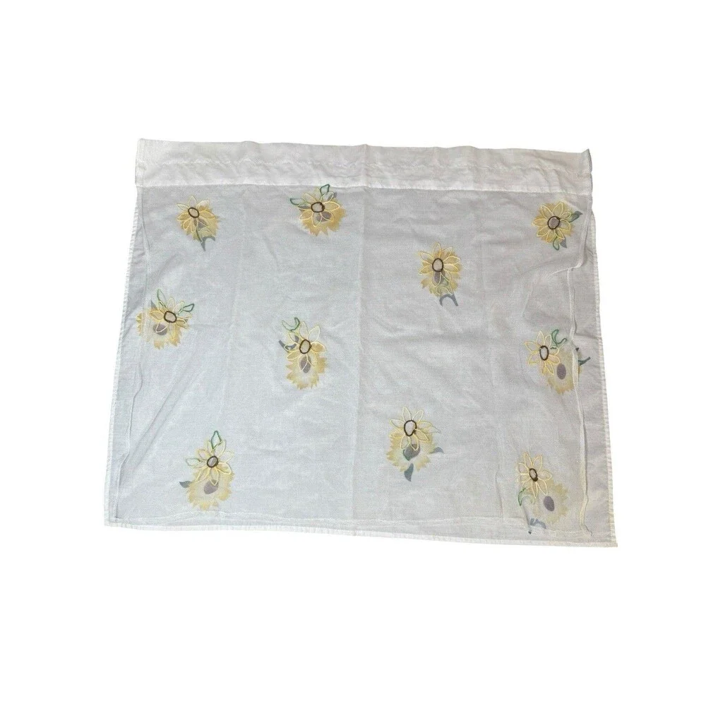 Vintage MCM Kitchen Cafe Curtain White Yellow Daisy Double Layered Lace 24x28.5